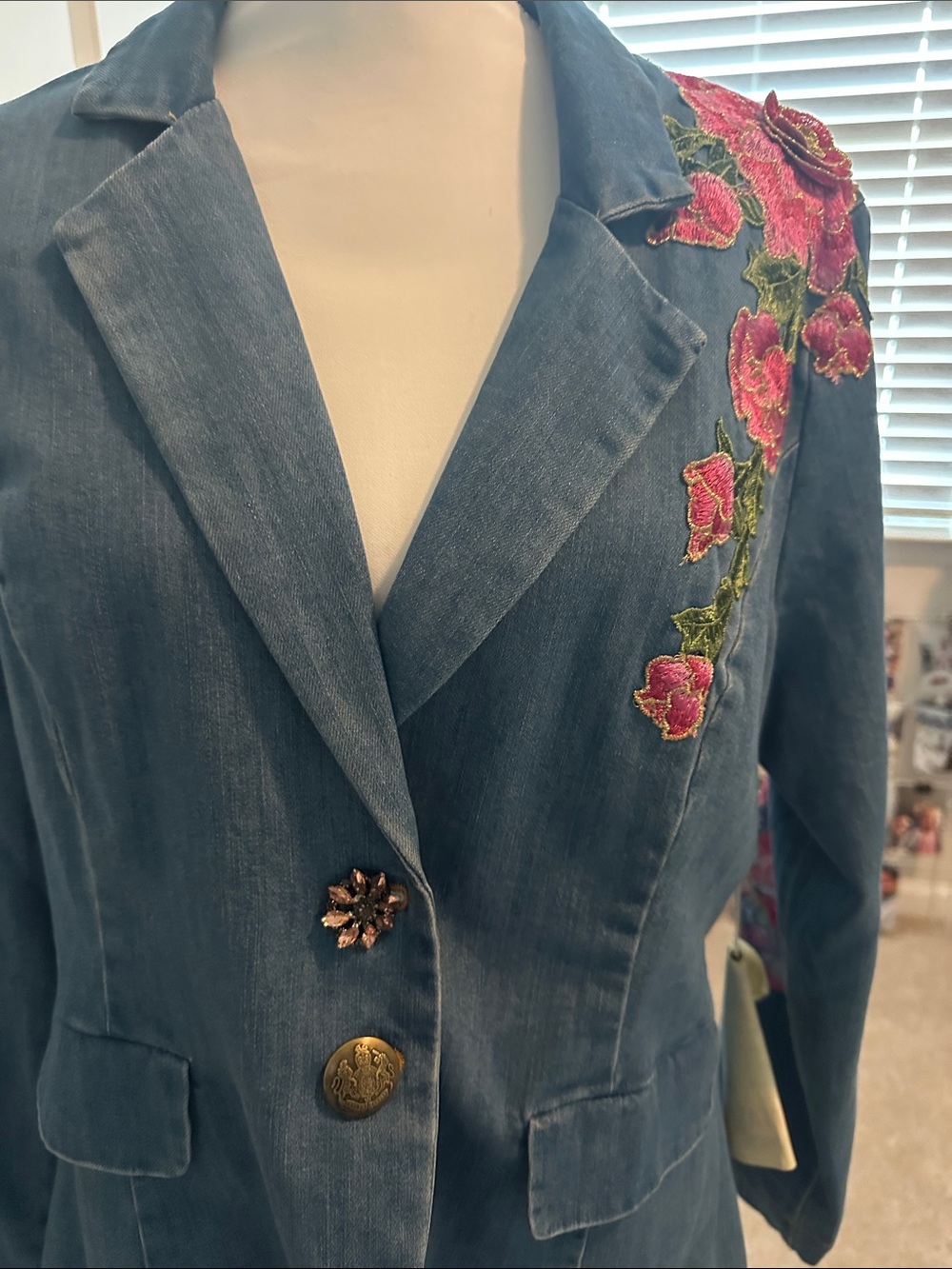 Embroidered Blue Denim Blazer Jacket with Pink Floral Detail